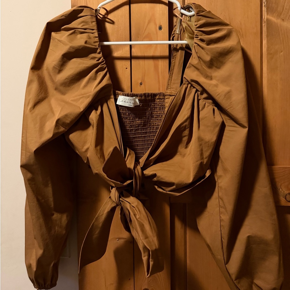 Brown Women's Blouse with Tie Front